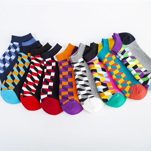 Chaussettes Courtes Homme Mélange Coton Motif Cube Géométrique Coupe Basse Décontracté Mode Respirant