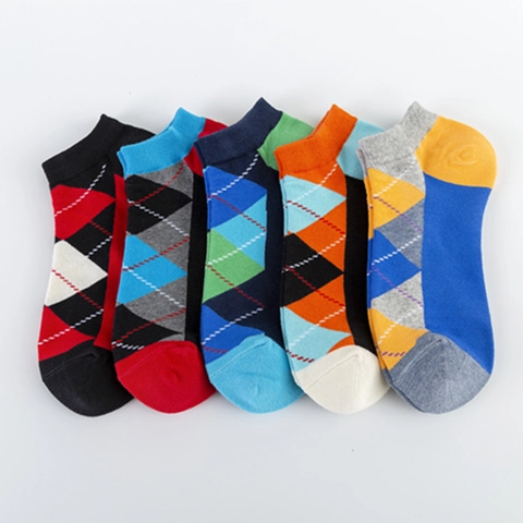 Argyle Pattern Men Ankle Socks Cotton Blend Breathable Casual Low Cut No Show Diamond Pattern Trendy British Style
