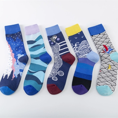 Calze Artistiche In Misto Cotone Traspirante Senza Cuciture Stile Giapponese Ukiyo-e Onda Carpa Cielo Stellato Casual Unisex