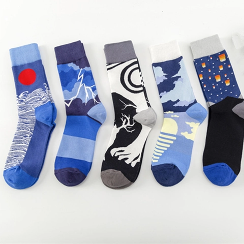 Künstlerische Jacquard Crew Socken Baumwollmischung Ukiyo-e Welle Blitz Sonnenuntergang Japanischer Stil Lässig Für Herren Damen