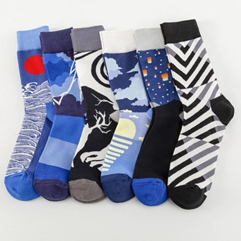 Künstlerische Jacquard Crew Socken Baumwollmischung Ukiyo-e Welle Blitz Sonnenuntergang Japanischer Stil Lässig Für Herren Damen