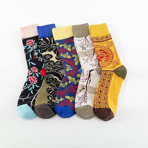 Calze Al Polpaccio Stile Cinese Motivo Jacquard Misto Cotone Artistico Carpa Koi Fiori Di Pruno Architettura Casual Unisex