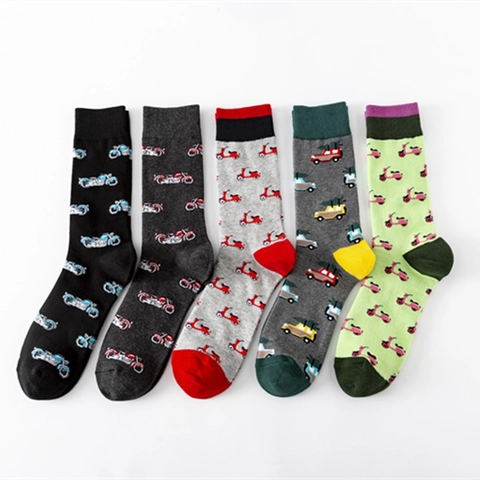 Calze Casual In Misto Cotone Traspirante Morbido Con Fantasie Di Moto E Auto D'Epoca Alla Moda Trendy E Confortevoli