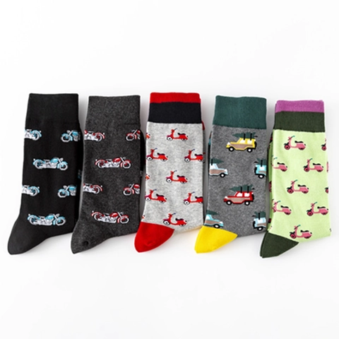 Calze Casual In Misto Cotone Traspirante Morbido Con Fantasie Di Moto E Auto D'Epoca Alla Moda Trendy E Confortevoli