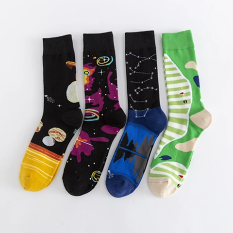 Cotton Blend Crew Socks Creative Galaxy Space Planet Golf Pattern Breathable Trendy Casual Hosiery For Men Women