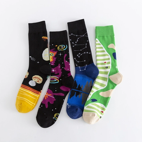 Cotton Blend Crew Socks Creative Galaxy Space Planet Golf Pattern Breathable Trendy Casual Hosiery For Men Women