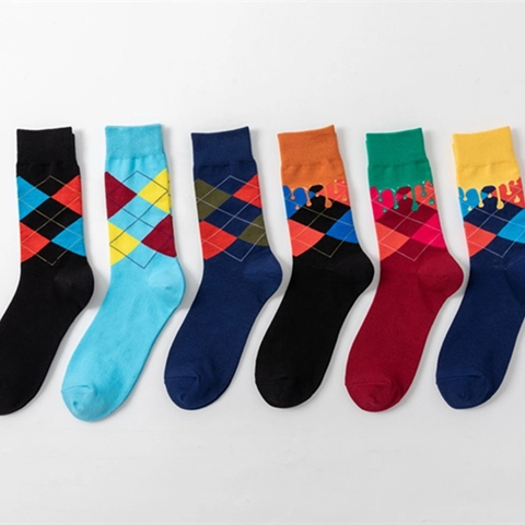Calze Uomo Crew Motivo Argyle Misto Cotone Design Drip Moda Casual Streetwear Multicolore