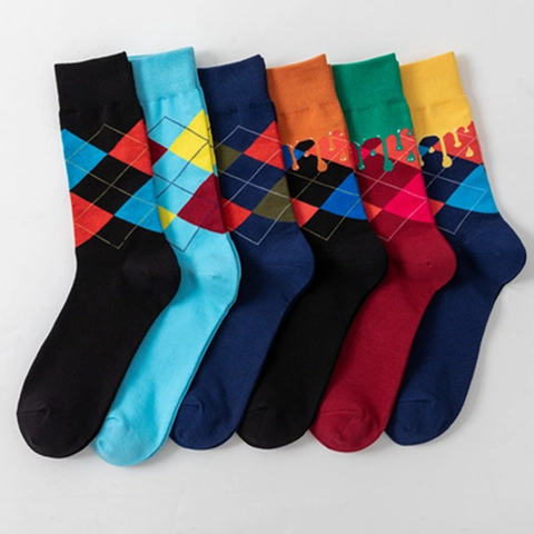 Calze Uomo Crew Motivo Argyle Misto Cotone Design Drip Moda Casual Streetwear Multicolore