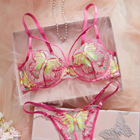 Soutien-Gorge Et String En Maille Transparente À Broderie Papillon Lingerie Pour Femmes Sexy Romantique Bretelles Réglables