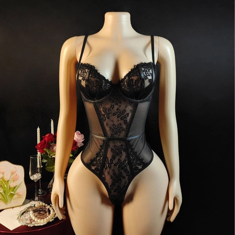 Lencería Sexy De Encaje Para Mujer Bodysuit Con Aros Malla Patchwork Espalda Descubierta Botones