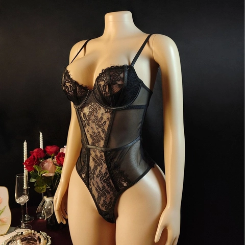 Lencería Sexy De Encaje Para Mujer Bodysuit Con Aros Malla Patchwork Espalda Descubierta Botones
