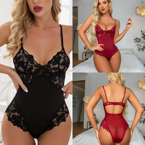 Lingerie Bodysuit In Pizzo Per Donna Ricamo In Rete Scollo A V Schiena Scoperta Abbigliamento Da Notte Con Spalline Fiocco
