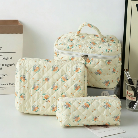 Neceser De Maquillaje Acolchado Floral Organizador De Cosméticos Bolsa De Aseo De Viaje Portátil Con Cremallera