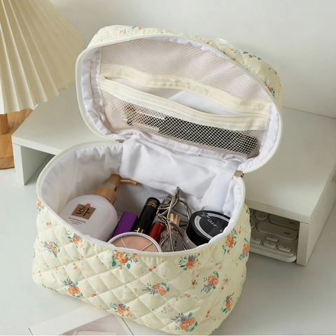 Neceser De Maquillaje Acolchado Floral Organizador De Cosméticos Bolsa De Aseo De Viaje Portátil Con Cremallera