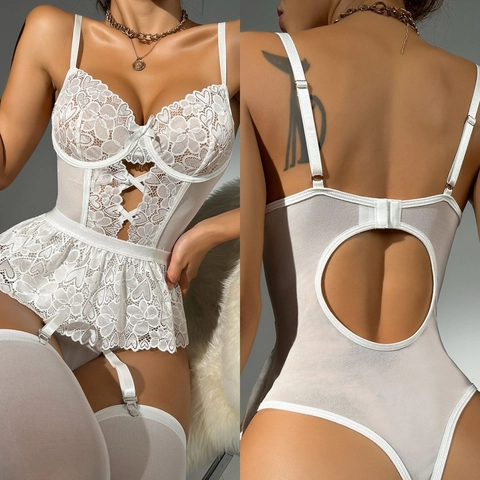 Sexy Kant Bodysuit Met Jarretelgordels En Kousen Holle Mesh Lingerie Strik Decor Ruches Zoom Nachtmode Voor Dames