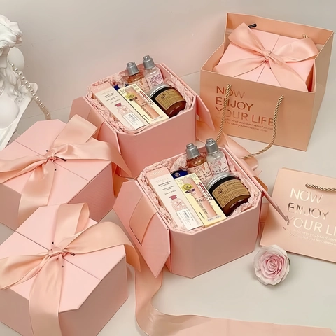 Premium Octagonal Cardboard Gift Box With Satin Ribbon Bow For Mother's Day Birthday Wedding Souvenir Packaging Empty