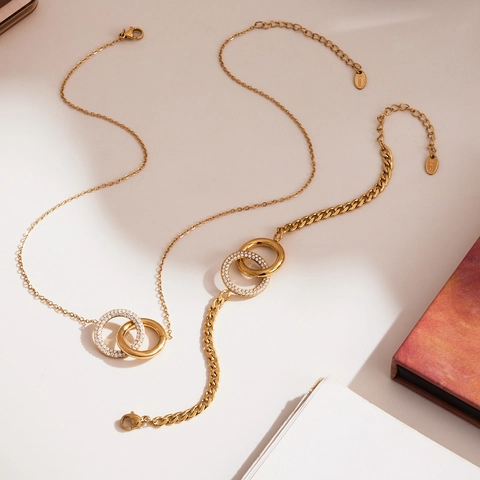 Fashion Stainless Steel Interlocking Double Ring Zirconia Necklace Bracelet Set 18K Gold Plated Jewelry For Women Daily Wear