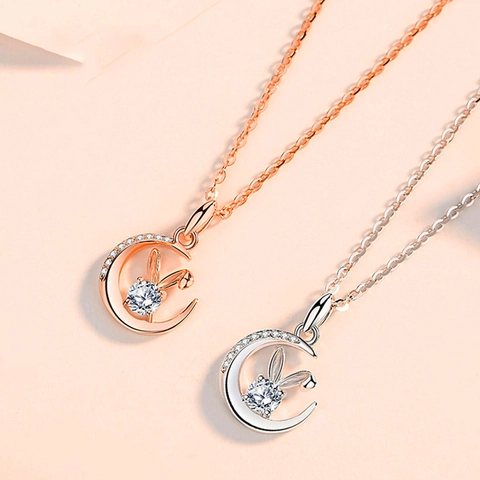 Collana Con Ciondolo Moissanite Coniglio Luna Per Donna In Rame Oro Rosa Argentato Mezzaluna Coniglietto Gioielli Regalo Di Compleanno