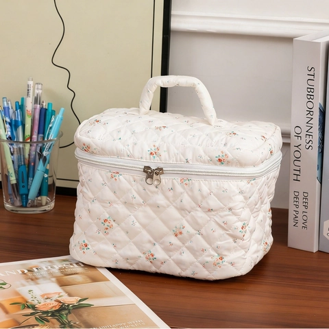 Floral Quilted Makeup Bag Portable Toiletry Organizer Vintage Cotton Fabric Zipper Travel Cosmetic Pouch Pencil Case