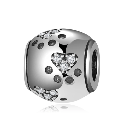 Charm-Perle Aus 925 Sterling Silber Mit Hundepfote Herz Und Zirkonia Für DIY Armband Mode Einfaches Rundes Zubehör