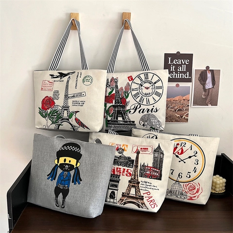 Borsa Tote In Tela Vintage Grande Capacità Stampa Parigi Londra Artistica Retro Borsa A Tracolla Casual Per Donna