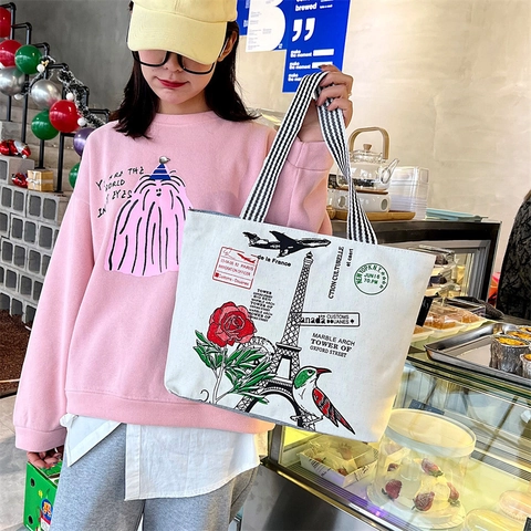 Borsa Tote In Tela Vintage Grande Capacità Stampa Parigi Londra Artistica Retro Borsa A Tracolla Casual Per Donna