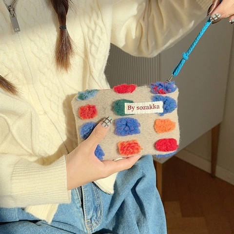Mini Makeup Bag Woolen Felt Colorful Plush Ball Lipstick Earphone Storage Pouch Artificial Pearl Zipper Pull Retro Cute Women
