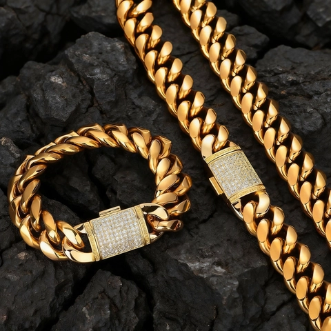 Collar De Cadena De Eslabones Cubanos Miami Acero Inoxidable Chapado En Oro Con Cierre De Caja De Cobre Circón Hombre