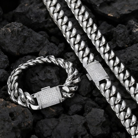 Collar De Cadena De Eslabones Cubanos Miami Acero Inoxidable Chapado En Oro Con Cierre De Caja De Cobre Circón Hombre