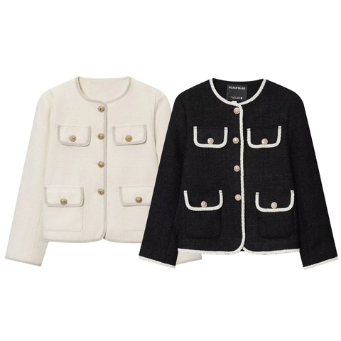Veste en Tweed Élégante Femme Col Rond Bordure Contrastée Vêtement Court Boutons Lion Décontracté Social Bureau Manteau