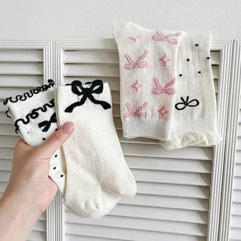 Chaussettes Mi-Mollet Femmes Mélange Coton Nœud Papillon Pois Bordure Volantée Style Japonais Respirant