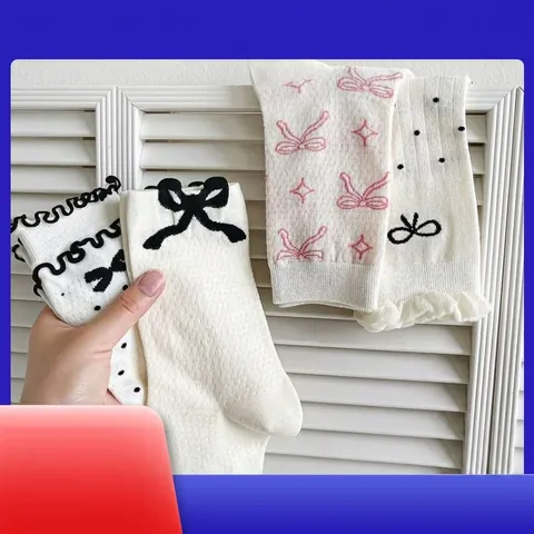 Dames Crew Sokken Katoenmix Strikje Polkadots Ruchesrand Zoete Japanse Stijl Ademend