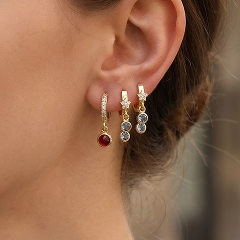 Star Hoop Drop Ohrringe Für Frauen Vergoldetes Kupfer Mit Zirkonia Bunte Edelstein Runde Anhänger Elegant Boho Schmuck