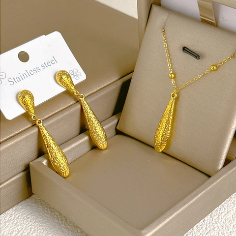 Stainless Steel Jewelry Necklace And Earrings Water Drop Teardrop Shape Polished Hammered Texture Hip Hop Geometric Women