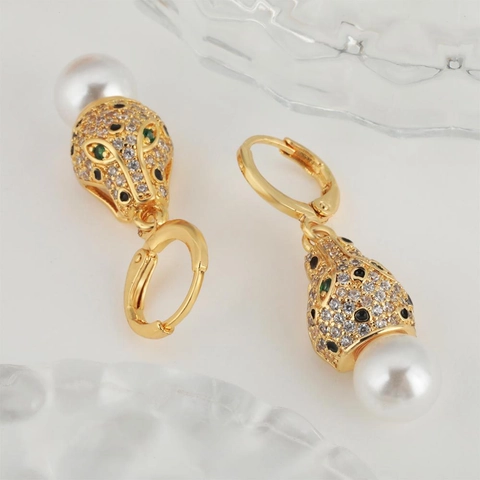 Leopard Head Drop Earrings Copper Gold Plated With Cubic Zirconia And Faux Artificial Pearl Animal Jewelry For Women