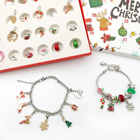 Weihnachts Adventskalender Schmuck Blind Box Für Mädchen DIY Charm Armband Halskette Set Emaille Weihnachtsmann Schneeflocke Rentier Anhänger Geschenkbox