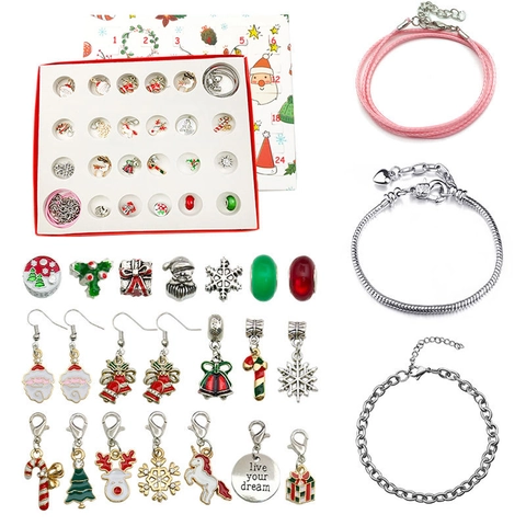 Weihnachts Adventskalender Schmuck Blind Box Für Mädchen DIY Charm Armband Halskette Set Emaille Weihnachtsmann Schneeflocke Rentier Anhänger Geschenkbox