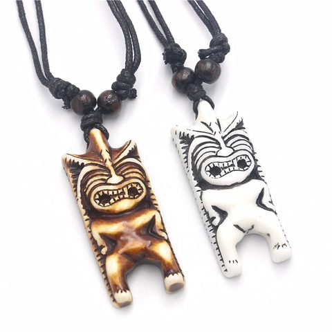 Tiki Idol Pendant Necklace Resin Imitation Bone Carved Tribal Totem Polynesian Ethnic Retro Style For Men And Women