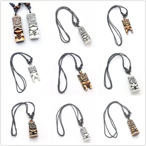 Tiki Idol Pendant Necklace Resin Imitation Bone Carved Tribal Totem Polynesian Ethnic Retro Style For Men And Women