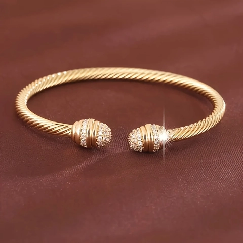 Eleganter Gedrehter Kabel Armreif Legierung Strass Kugelenden Offenes Armband Modeschmuck Für Damen
