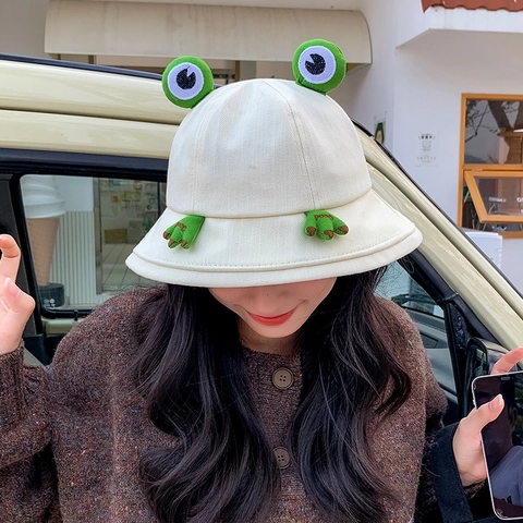 Cute Cartoon Frog Cotton Twill Bucket Hat With 3D Eyes And Hands Decoration Sun Protection Summer Outdoor Sun Hat For Kids Adults