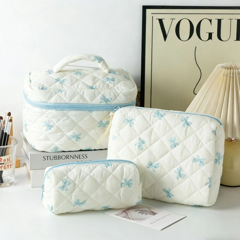 Floral Quilted Cotton Cosmetic Bag Large Capacity Portable Travel Toiletry Makeup Storage Pouch Bow Pattern Sweet Style
