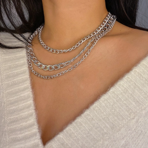 Collier Multi Rangs Alliage Chaîne Or Argent Punk Street Style Géométrique Minimaliste Ras Du Cou Bijoux Pour Femmes