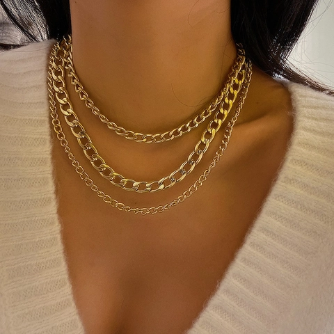 Collier Multi Rangs Alliage Chaîne Or Argent Punk Street Style Géométrique Minimaliste Ras Du Cou Bijoux Pour Femmes