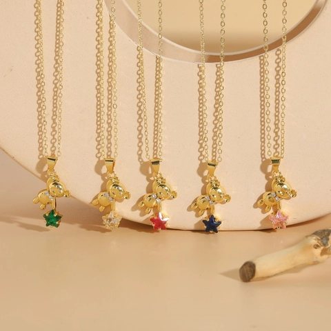 Collana Pendente Orso 3D Stella Rame Zirconia Cubica Placcato Oro 14K Gioielli Eleganti Da Donna