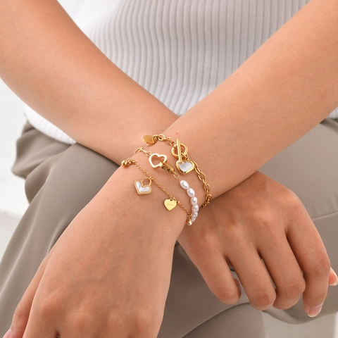 Pulsera Con Colgante De Corazón De Acero Inoxidable Para Mujer Con Incrustaciones De Concha E Imitación De Perla Artificial Joyería De Moda Estilo Vintage