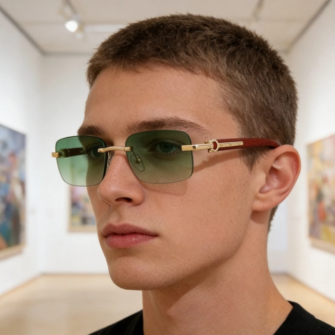 Square Rimless Sunglasses With Faux Wood Grain Temples Metal Hinges Retro Fashion For Men And Women UV400 Protection
