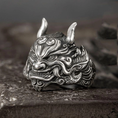 Vintage Hannya Oni Mask Ring Men Punk Gothic Zinc Alloy Adjustable Open Finger Ring Retro Silver Color Jewelry