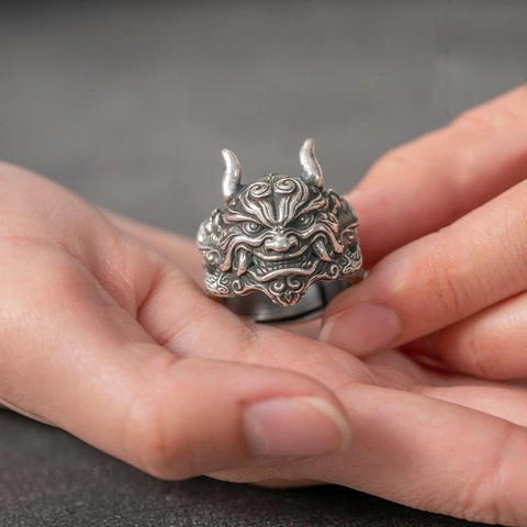 Vintage Hannya Oni Mask Ring Men Punk Gothic Zinc Alloy Adjustable Open Finger Ring Retro Silver Color Jewelry