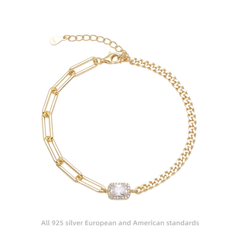 Bracciale S925 in Argento Sterling con Zirconia Quadrata per Donna Placcato Oro Argento Catena a Graffetta Regalo Gioielli